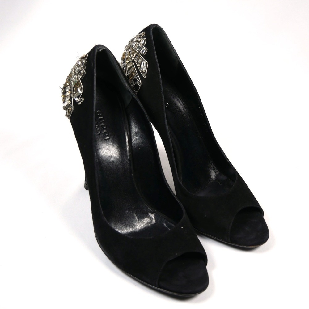 Gucci Black Suede Crystal Embellished Peep Toe Pumps 186938 C2000 7B - Picture 3 of 15